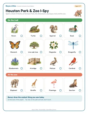 Preview of the Houston park & zoo I-Spy printable